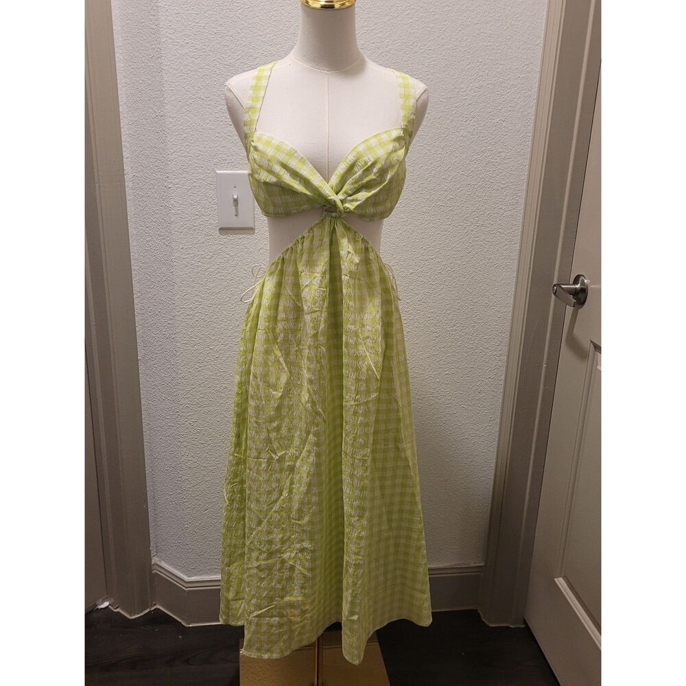 NWT For Love & Lemons Heirloom Midi Dress Lime Green Gingham Cutout M Festival